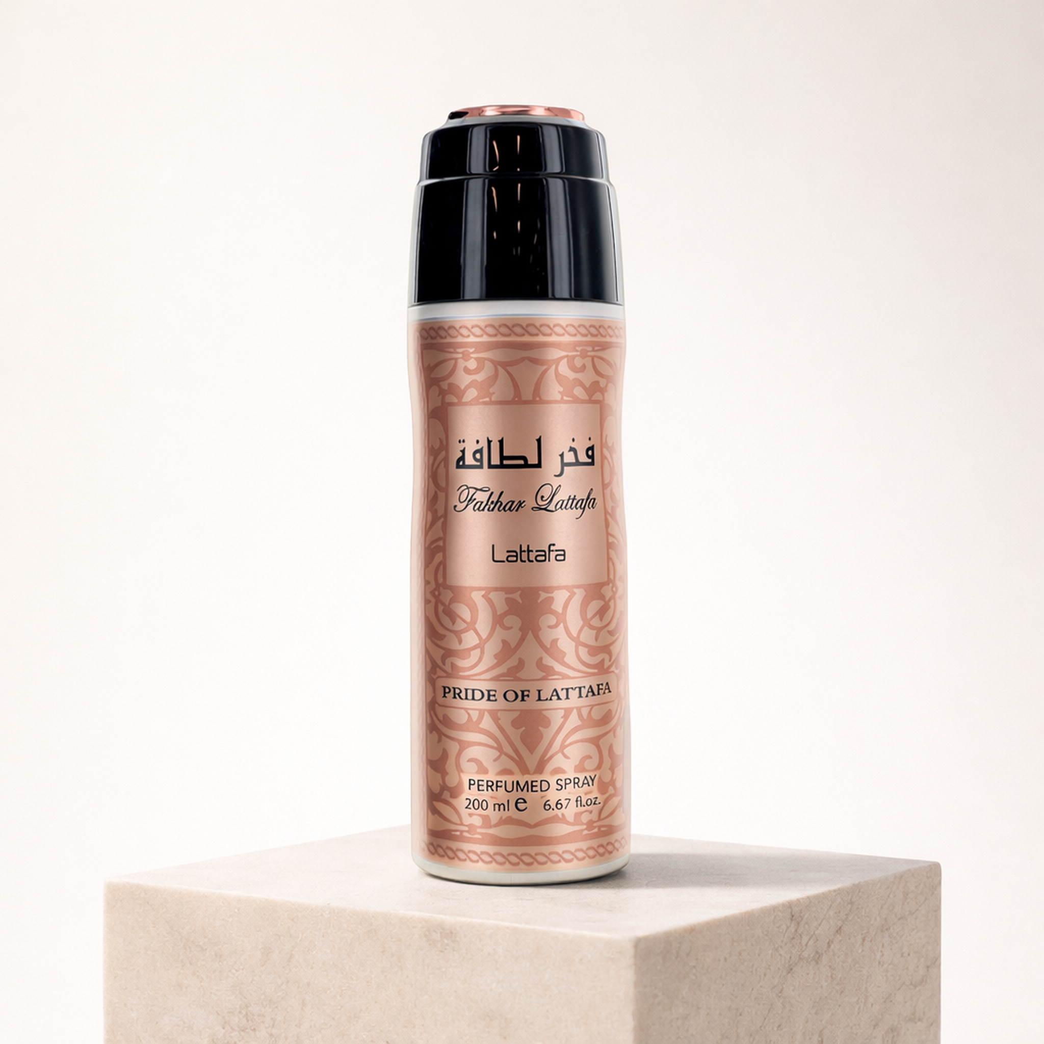 Lattafa Fakhar Rose Deodorant upright pedestal gallery showcase