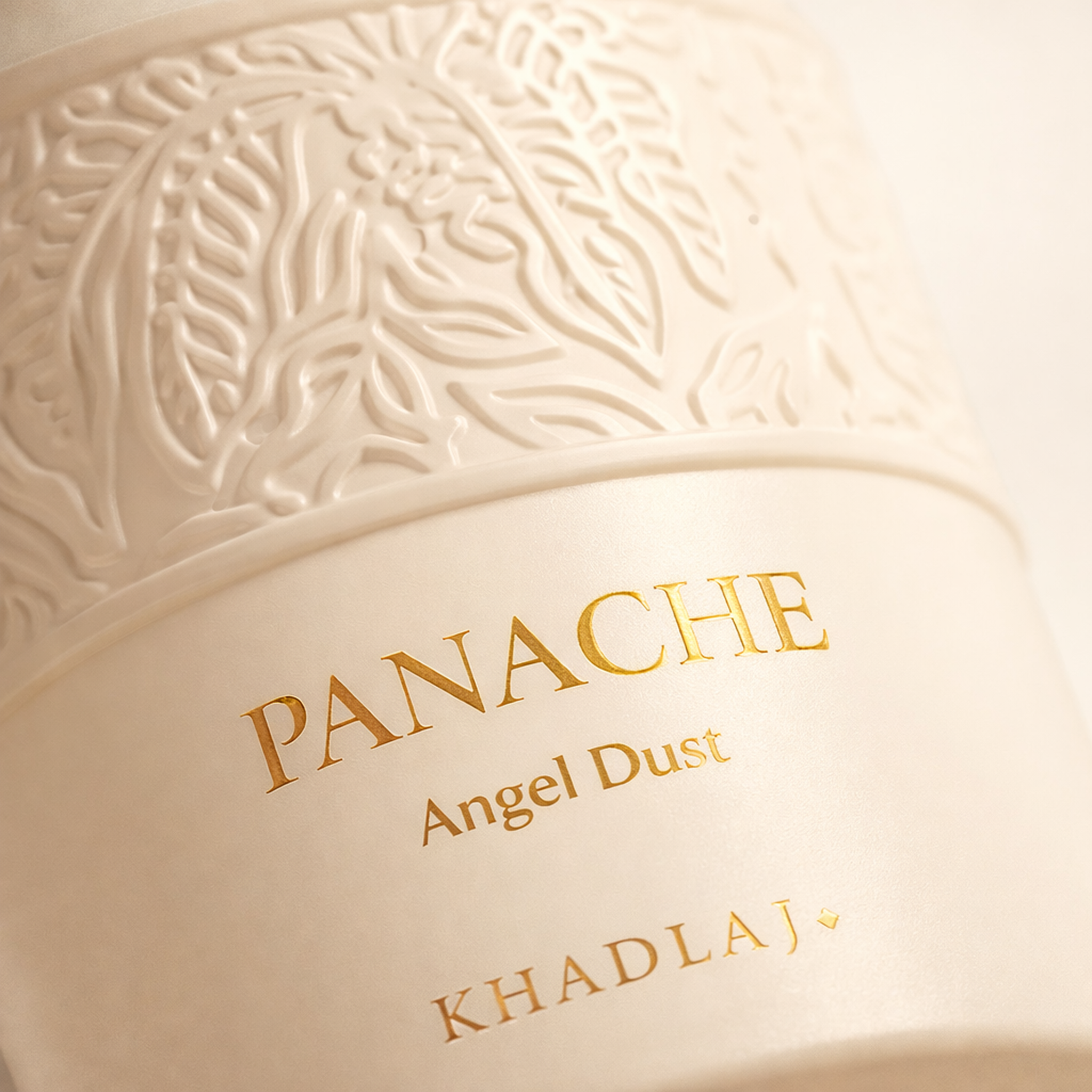 Khadlaj Panache Angel Dust EDP macro label detail gallery showcase