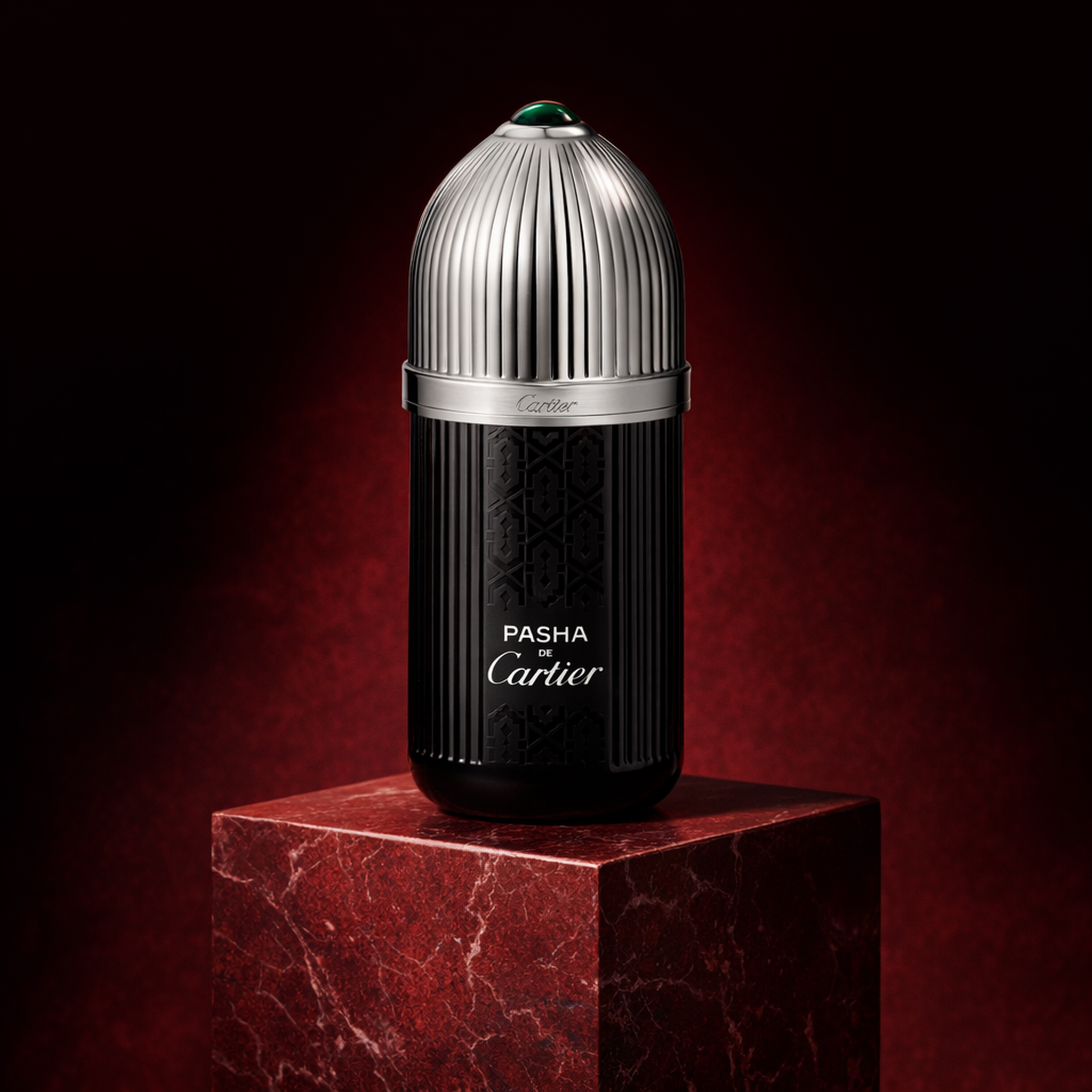 Cartier Pasha de Cartier Noir Absolu Limited Edition Parfum For Men upright pedestal gallery showcase