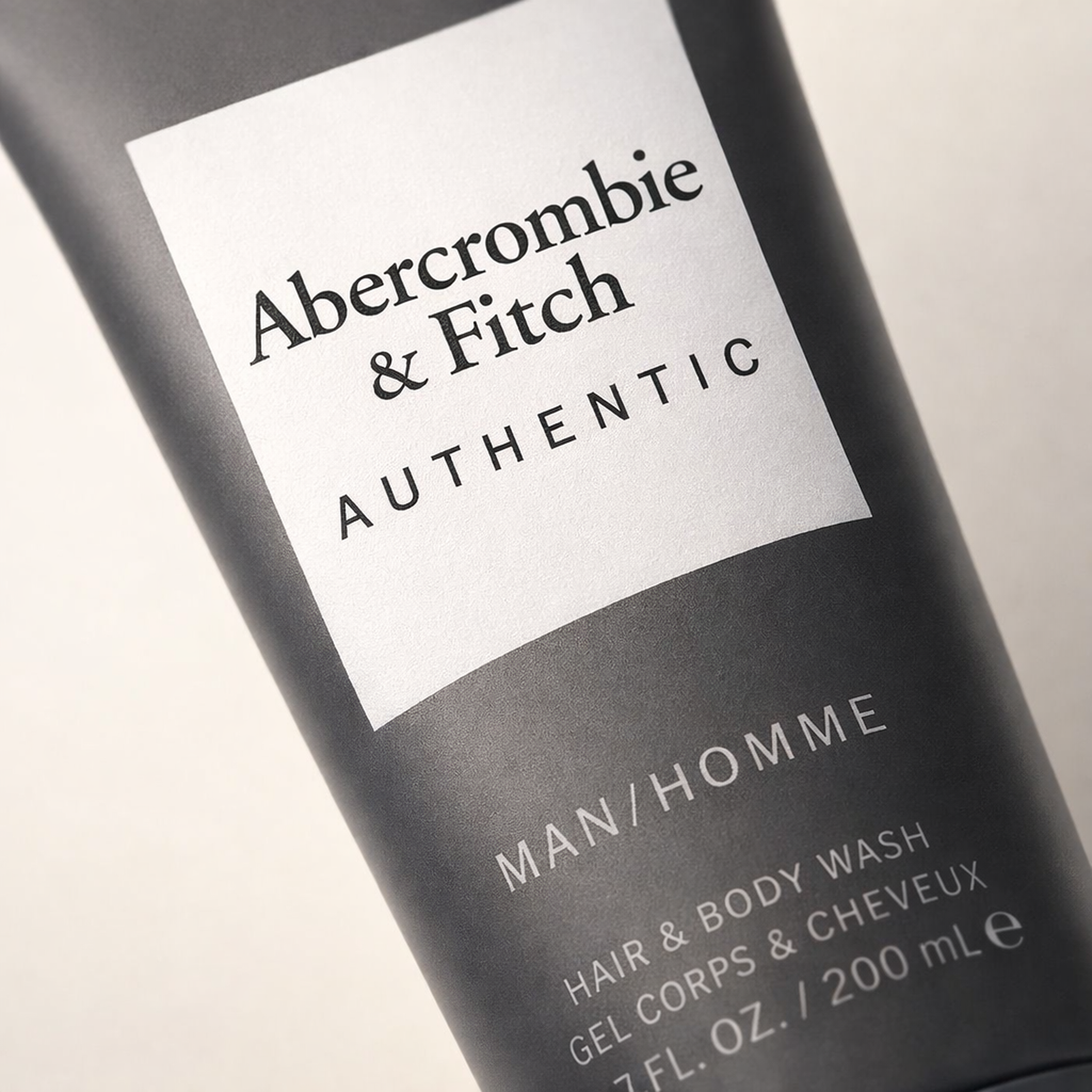 Abercrombie & Fitch Authentic Man Hair & Body Wash macro label detail gallery showcase