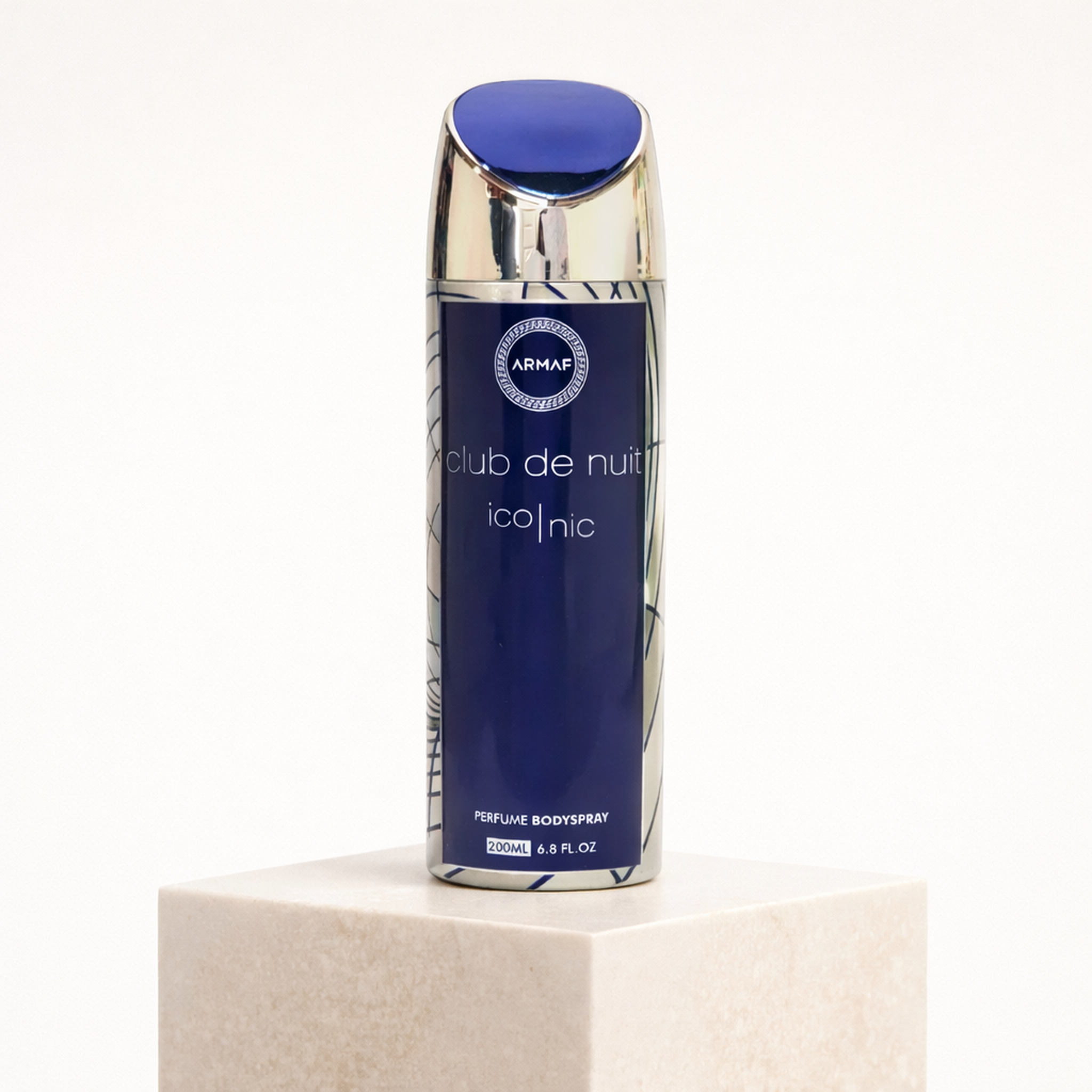 Armaf Club de Nuit Blue Iconic Body Mist upright pedestal gallery showcase