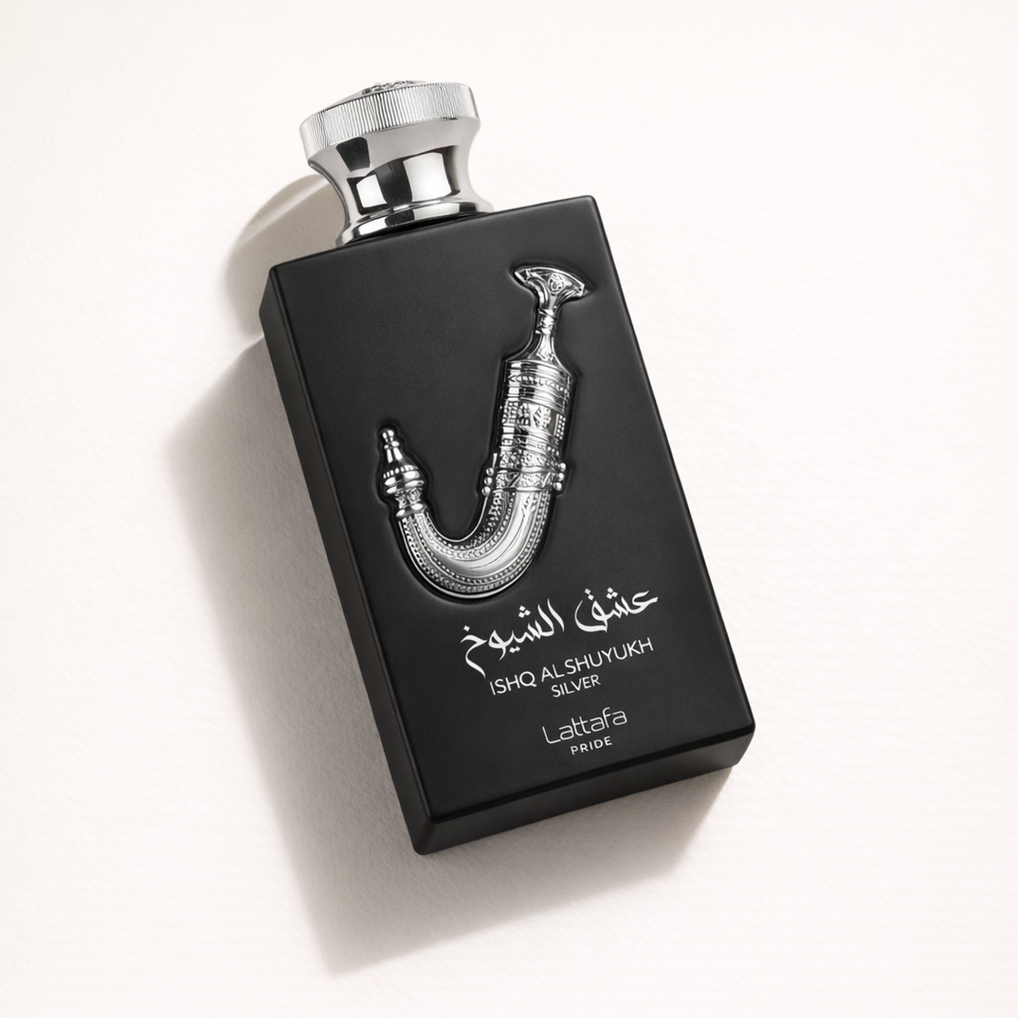 Lattafa Pride Ishq Al Shuyukh Silver EDP For Men angled still-life gallery showcase